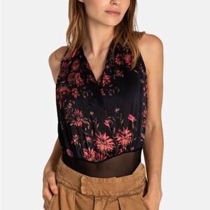 Free People NWT There She Goes Black Floral Bodysuit Satin Halter Neck Tie